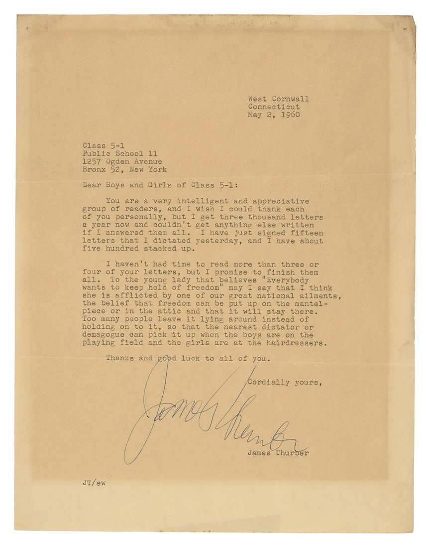 THURBER, JAMES. 1894-1961. Typed Letter Signed ('James Thurber'), to 'Boys and Girls of Class 5-1,' (1 of 1)