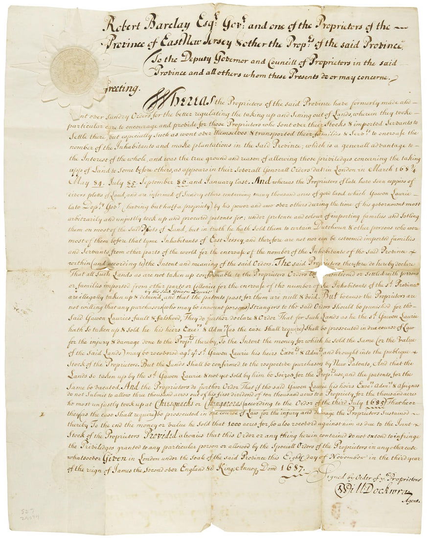 NEW JERSEY HISTORY. BARCLAY, ROBERT. 1648-1690. Manuscript document, accomplished in ink, signed... (1 of 1)