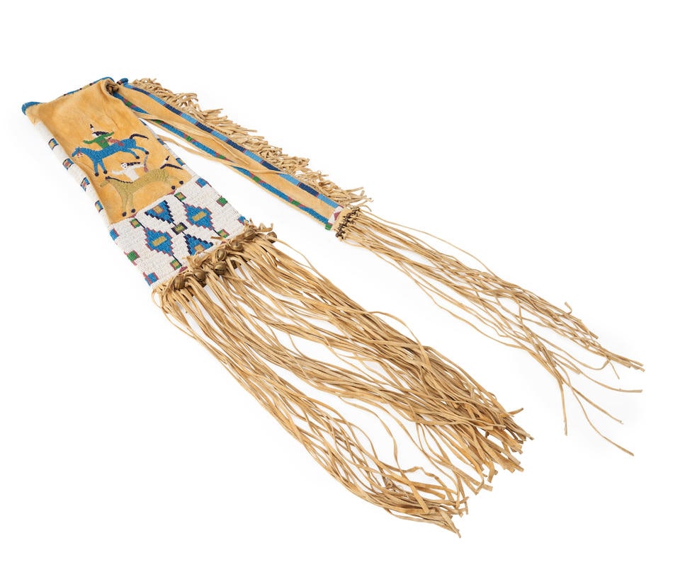 A Plains beaded hide pictorial tobacco and pipe bag lg. with fringe 41, without fringe 20, wd. 7... (1 of 3)