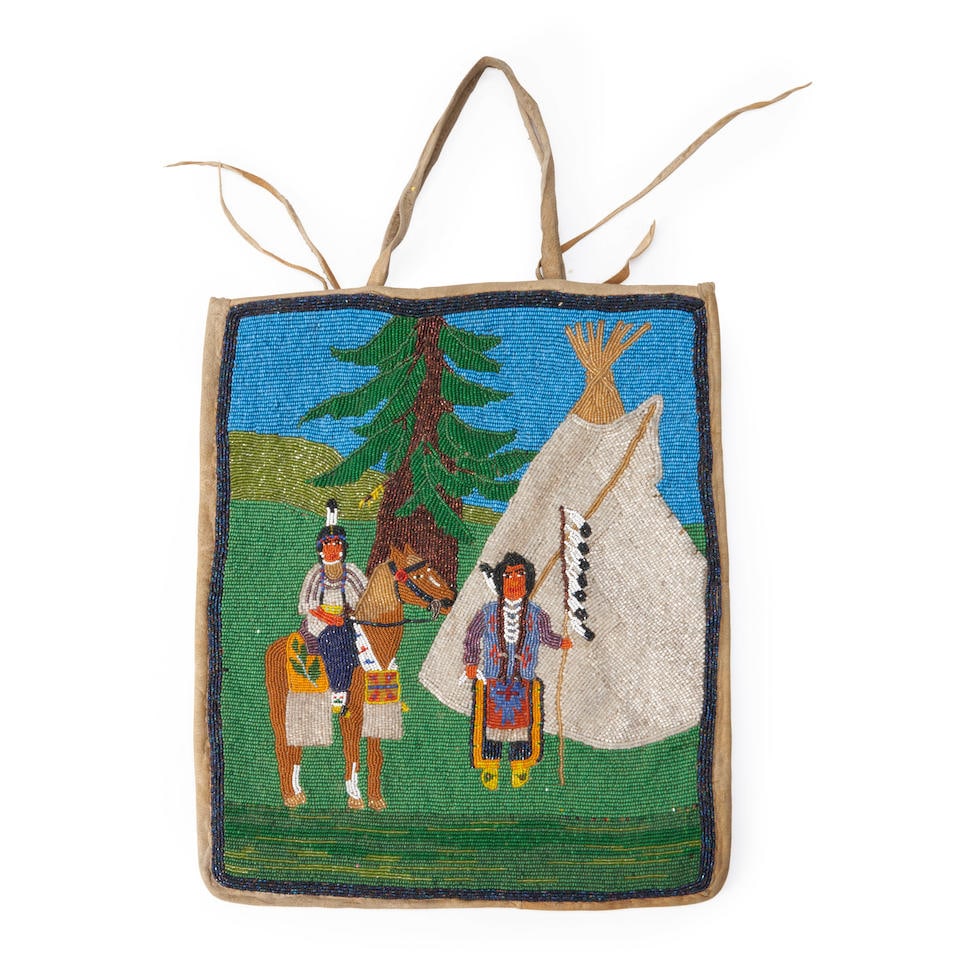 A Plateau pictorial beaded hide flat bag 15 1/2 x 13 in. (1 of 3)