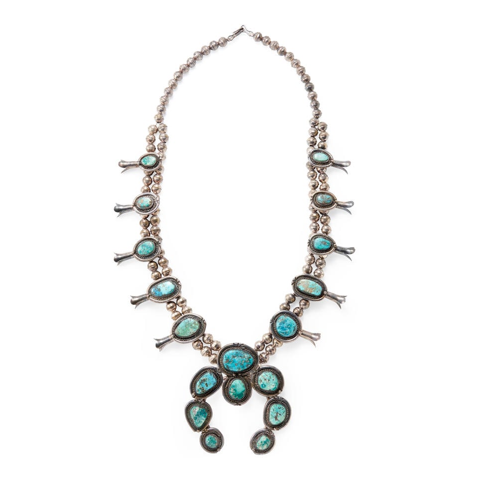 A Diné (Navajo) silver and turquoise squash blossom necklace lg. of necklace 25, lg. of naj... (1 of 1)