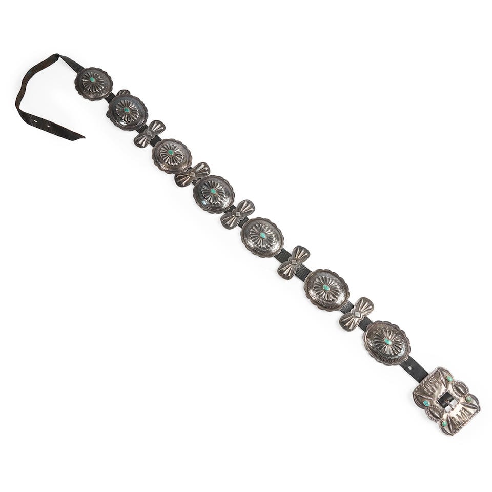 A Diné (Navajo) silver and turquoise concha belt overall lg. 40, size of the buckle 2 1/2 x... (1 of 2)