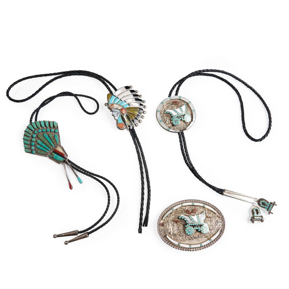 Three Southwest bolo ties and a belt buckle One signed for Vincent & Marvina Dishta, (Zuni, 20th... (1 of 2)