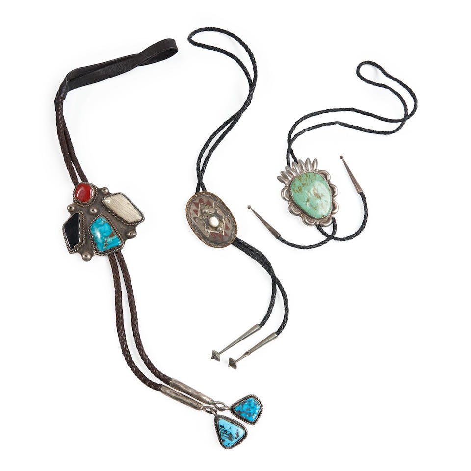 Three Southwest bolo ties size of bolo 3 1/4 x 3 1/5, 3 x 2, and 2 3/8 x 1 5/8 in. (1 of 3)