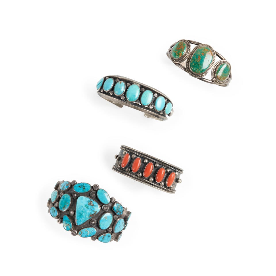 Four Southwest silver and turquoise cuff bracelets interior circumference 5 1/2, with 1/4 gap, i... (1 of 2)