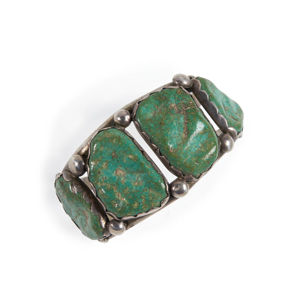 A Din (Navajo) silver and turquoise cuff bracelet interior circumference 5 1/2, with 1 1/4 in. gap. (1 of 2)