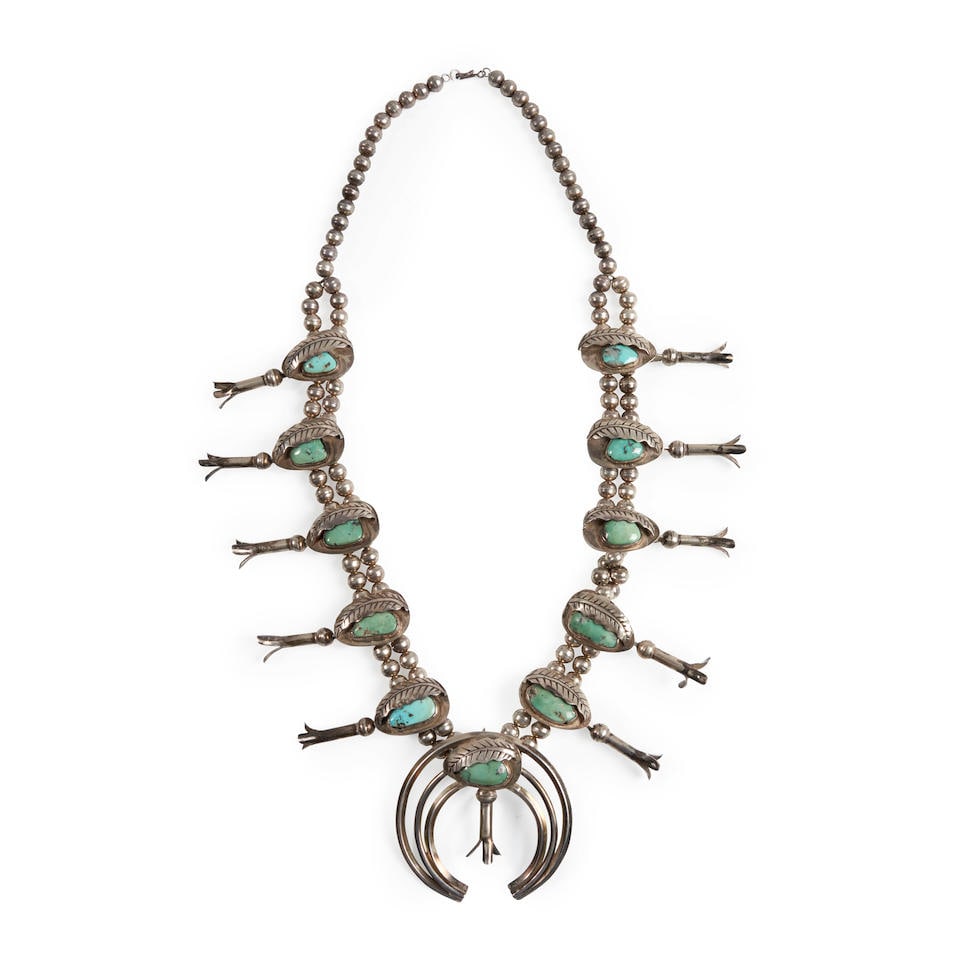 A Diné (Navajo) squash blossom necklace lg. 28 1/2, lg. of naja 3 in. (1 of 3)