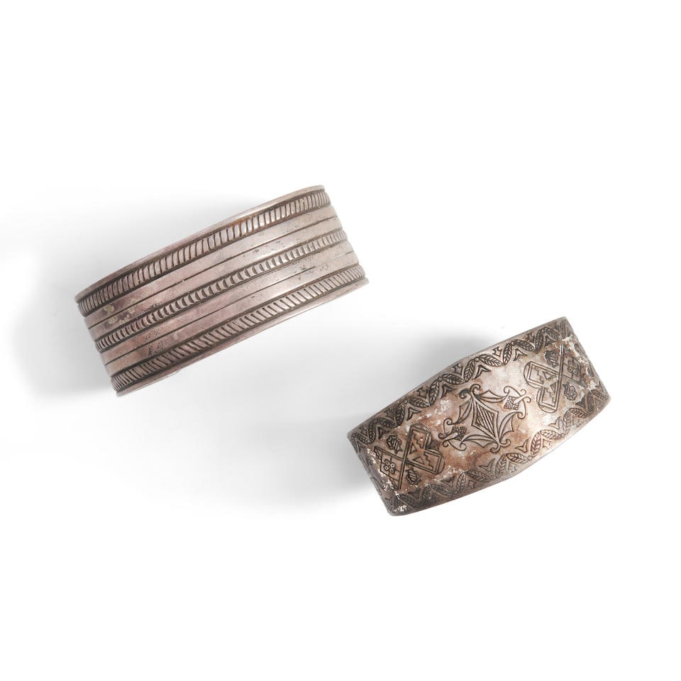Two Southwest silver cuff bracelets interior circumference 5 1/2, with 1 1/4 gap, and interior c... (1 of 4)