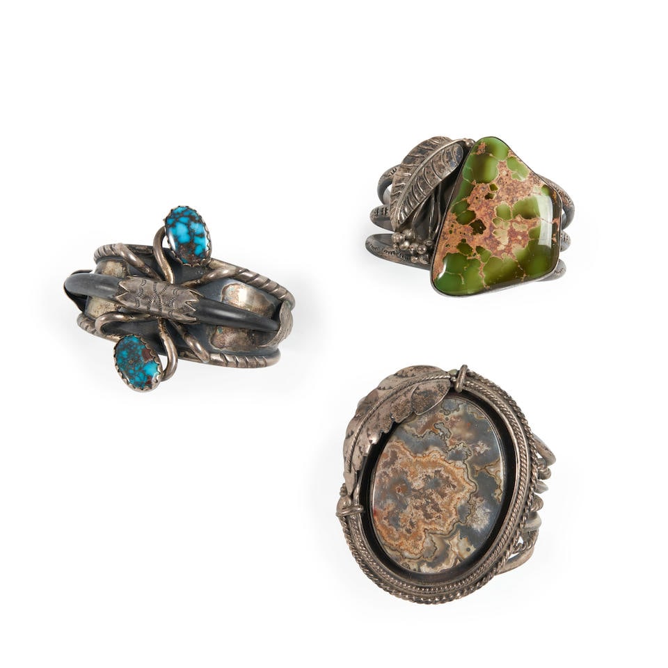 Three Southwest silver and turquoise cuff bracelets interior circumference 5 1/2, with 1 gap, in... (1 of 2)