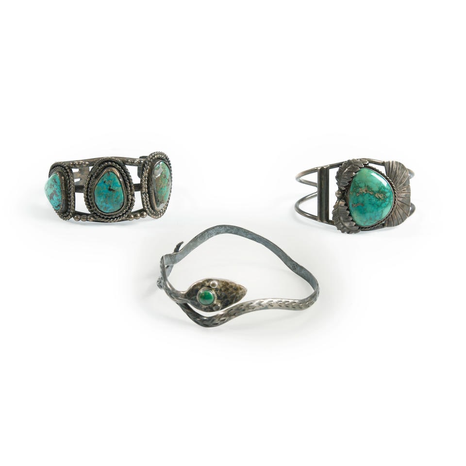 Three Southwest silver and turquoise bracelets interior circumference 5 1/4, with 1 gap, interio... (1 of 2)