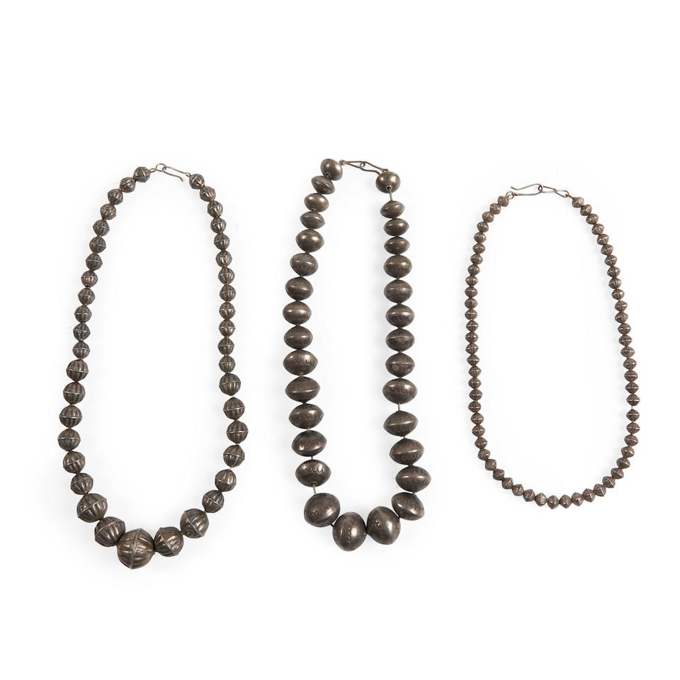 Three Southwest silver bead necklaces lg. 18, 18 1/2, and 16 1/4 in. (1 of 2)