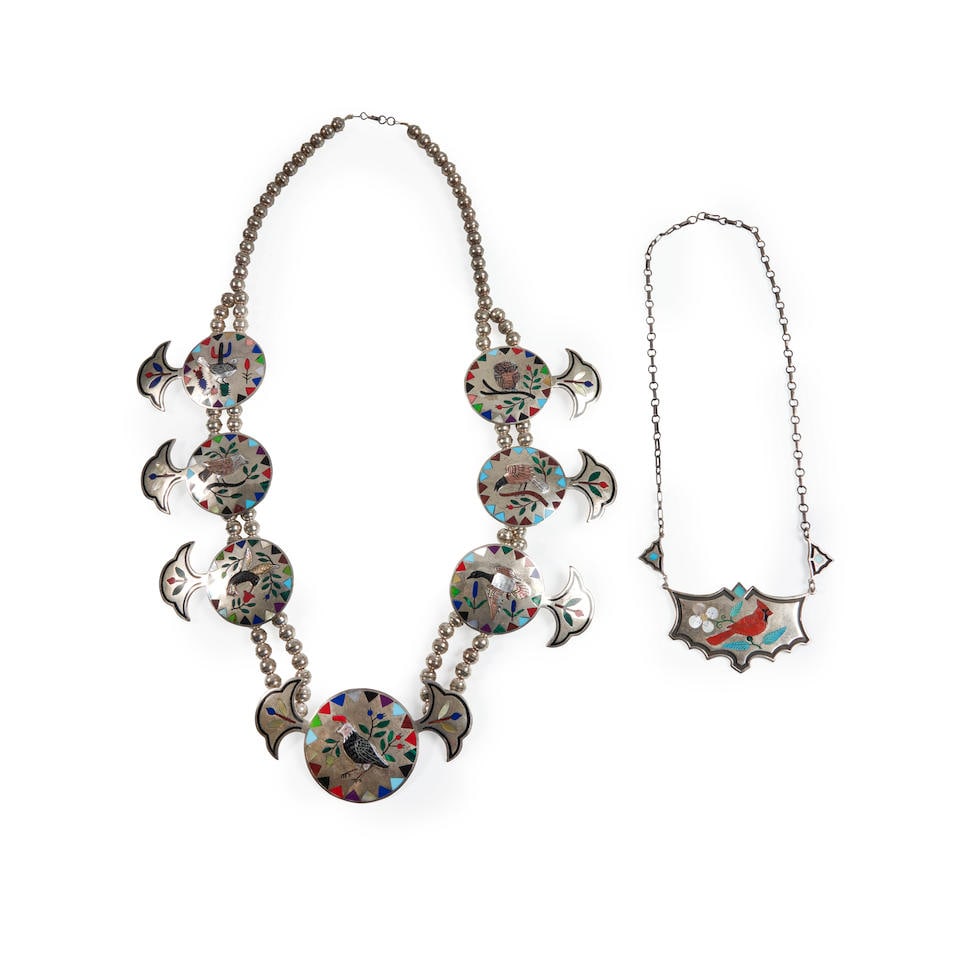 Two Zuni inlay silver necklaces Nancy and Ruddell Laconsello, (Zuni, 20th century) lg. 31, 19 in. (1 of 2)