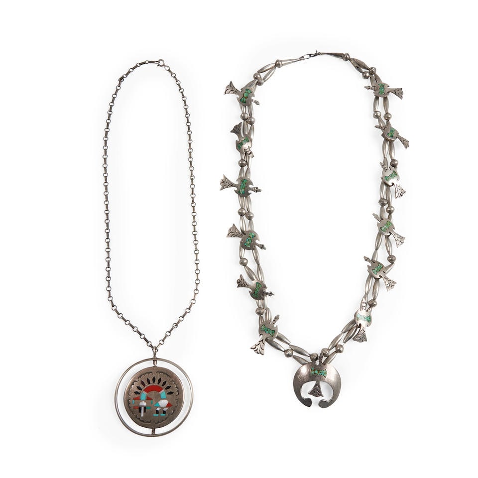 Two Zuni inlay necklaces lg. 14 1/4, pendant dia. 2 1/2, lg. 27 1/4, lg. of naja 1 3/4 in. (1 of 2)