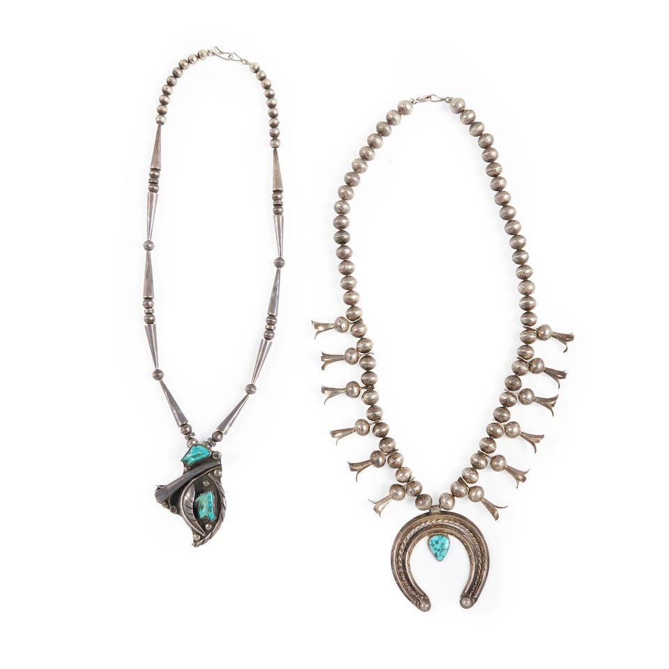 Two Southwest silver and turquoise necklaces lg. of necklace 23, lg. of naja 2 1/2, lg. 21 1/2, ... (1 of 4)