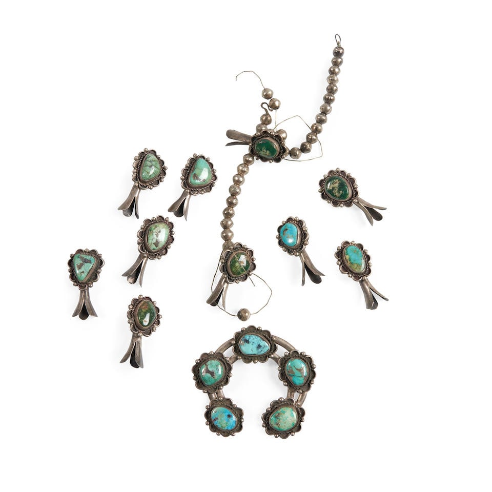 A Diné (Navajo) squash blossom necklace lg. of each squash 1 3/4, lg. of naja 2 5/8 in. (1 of 2)