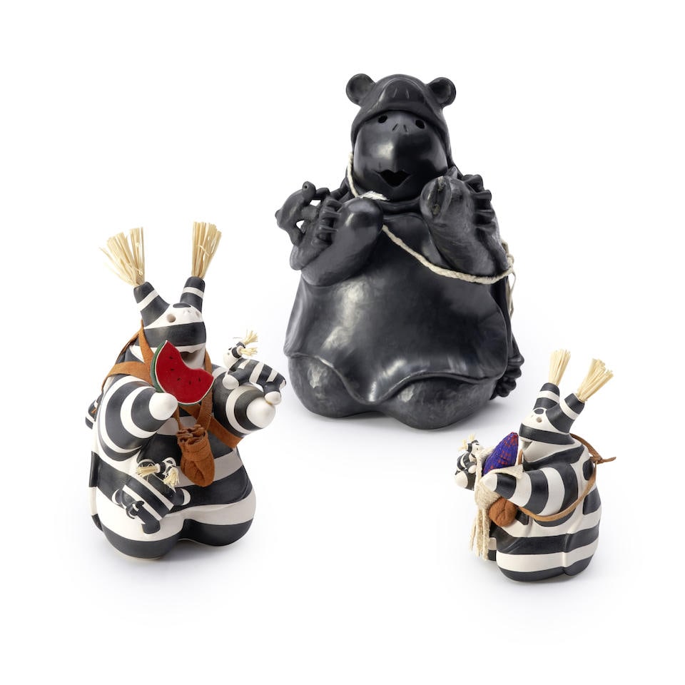 Three Randall Chitto pottery figures Randall Chitto, (Choctaw, b. 1962) ht. 10 1/2, 8, and 4 1/2... (1 of 2)