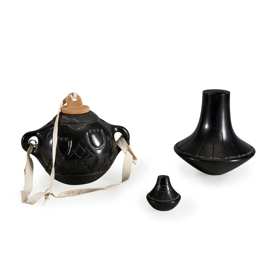 Three Jeff Roller jars Jeff Roller, (Santa Clara Pueblo, b. 1963) ht. 8, wd. 9 1/2, ht. 7 3/4, w... (1 of 3)