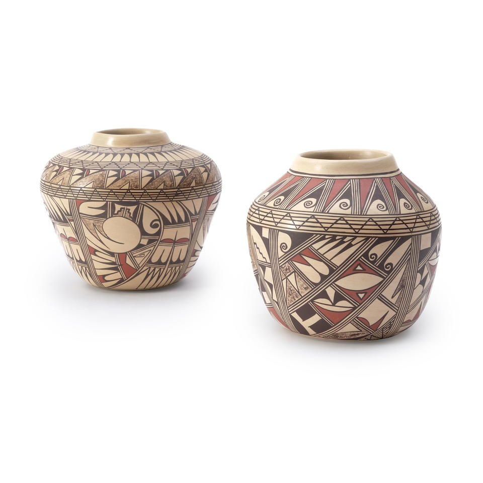 Two JoFern Silas Puffer jars JoFern Puffer, (Tewa/Hopi/Laguana, 20th/21st century) ht. 6 1/2, wd...: Two JoFern Silas Puffer jars JoFern Puffer, (Tewa/Hopi/Laguana, 20th/21st century) Two jars with wide bottoms, each decorated with red and black painted abstract avian designs on a tan ground, each si
