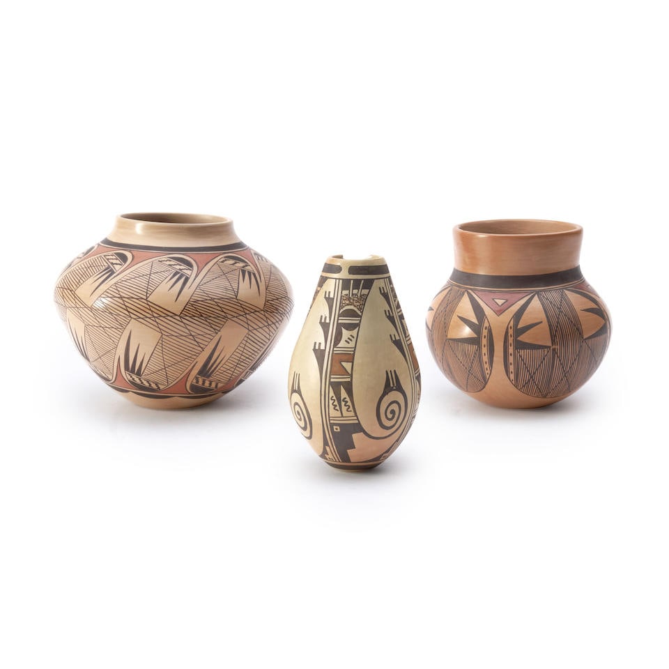 Three Hopi polychrome pottery jars ht. 6 1/4, wd. 7 1/2, ht. 6, wd. 5 1/2, and ht. 6, wd. 3 1/4 in. (1 of 4)