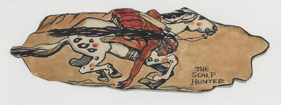 Jack B. Yeats R.H.A. (Irish, 1871-1957) The Scalp Hunter/Dramatic Figure 5 x 16 cm. (2 x 6 1/4 i...: Jack B. Yeats R.H.A. (Irish, 1871-1957) The Scalp Hunter/Dramatic Figure titled 'THE SCALP HUNTER' (verso) pencil, pen, ink and watercolour 5 x 16 cm. (2 x 6 1/4 in.) irregular Please note this work i