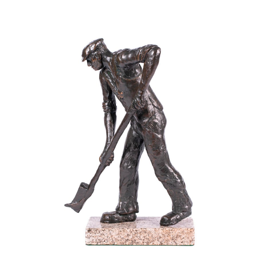 John Behan (Irish, born 1938) The Turf Cutter 31 cm. (12 1/8 in.) high (excluding the base): John Behan (Irish, born 1938) The Turf Cutter indistinctly signed and dated (on the figure's left ankle) bronze with a black patina on a granite base 31 cm. (12 1/8 in.) high (excluding the base) Foot