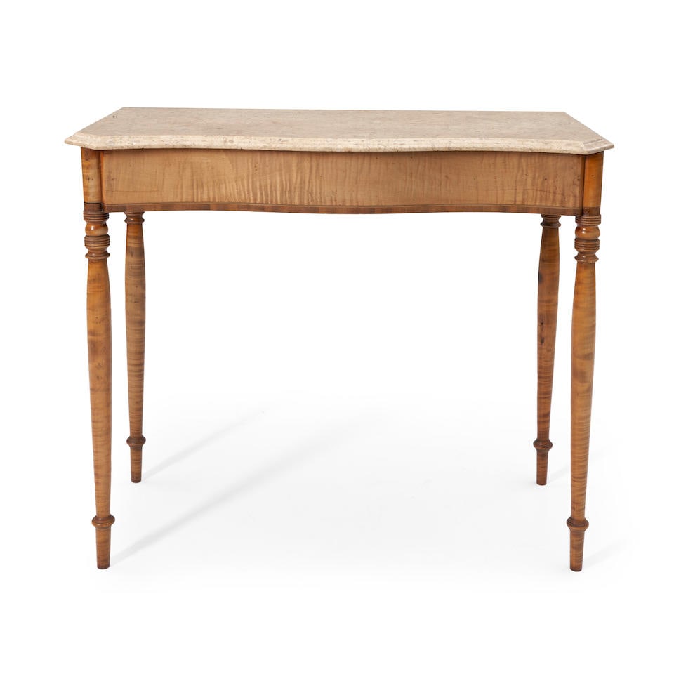 Federal-style Tiger Maple Marble-top Serving Table: Federal-style Tiger Maple Marble-top Serving Table with serpentine front and turned legs, ht. 33 1/2, wd. 37, dp. 16 in. For further information on this lot please visit Bonhams.com