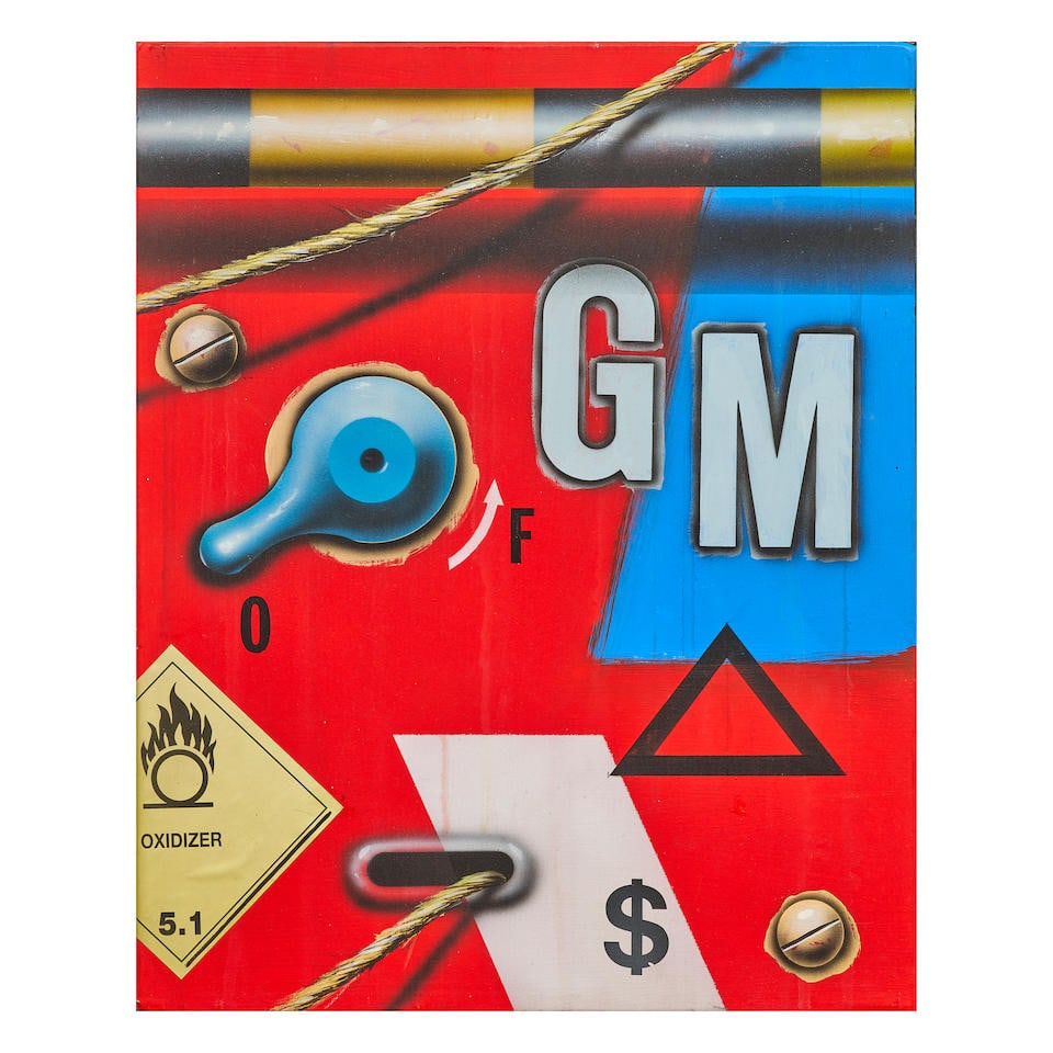 PETER KLASEN (N. 1935) Manette / GM fond rouge 1996: PETER KLASEN (N. 1935) Manette / GM fond rouge 1996 signé, titré, daté 1996 et dédicacé au revers acrylique, collage et pochoir sur papier marouflé sur toile signed, titl