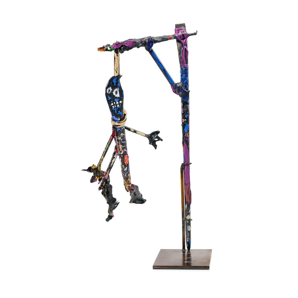 ROBERT COMBAS (N. 1957) Pendu par le cou pas par les pieds, pinceau pendu par pinceau potence 1989: ROBERT COMBAS (N. 1957) Pendu par le cou pas par les pieds, pinceau pendu par pinceau potence 1989 acrylique sur pinceau et lanière en cuire sur socle en métal acrylic on brush and leather s