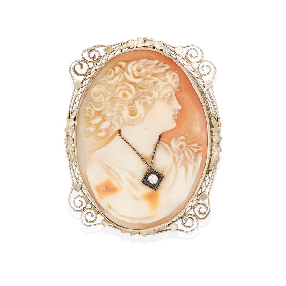 A 14K WHITE GOLD, SHELL CAMEO AND DIAMOND PENDANT BROOCH (1 of 2)