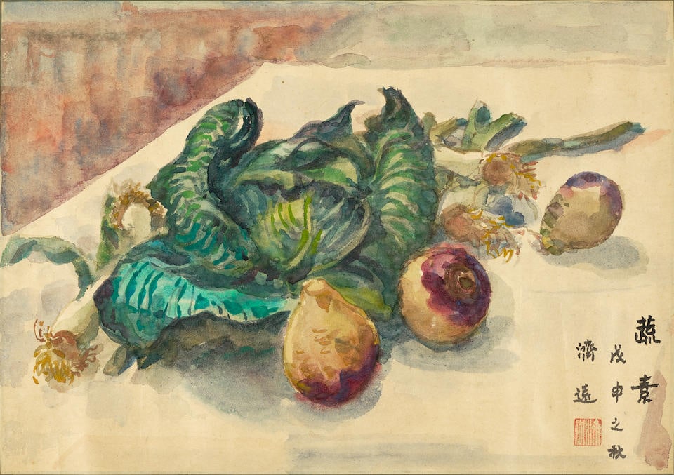 WANG JIYUAN (1893-1975) Still life, 1968: WANG JIYUAN (1893-1975) Still life, 1968 Ink and color on paper, mounted for framing, inscribed by the artist, dated wushen and signed Jiyuan, with an artist's seal. 15 1/2 x 22in (39.3 x 56cm) Footno