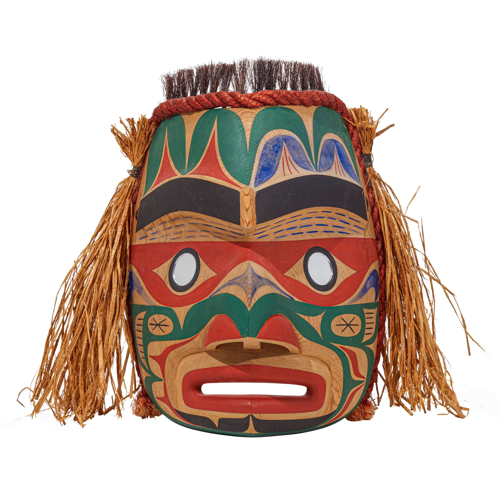 Tony Hunt, Jr., 'West Coast Style' portrait mask, 1990: Tony Hunt, Jr. Kwagulth, (1961-2017), 'West Coast Style' portrait mask, 1990, carved and polychrome painted with applied horsehair, rope and cedar bark, with inlaid mirror eyes, signed, inscribed and