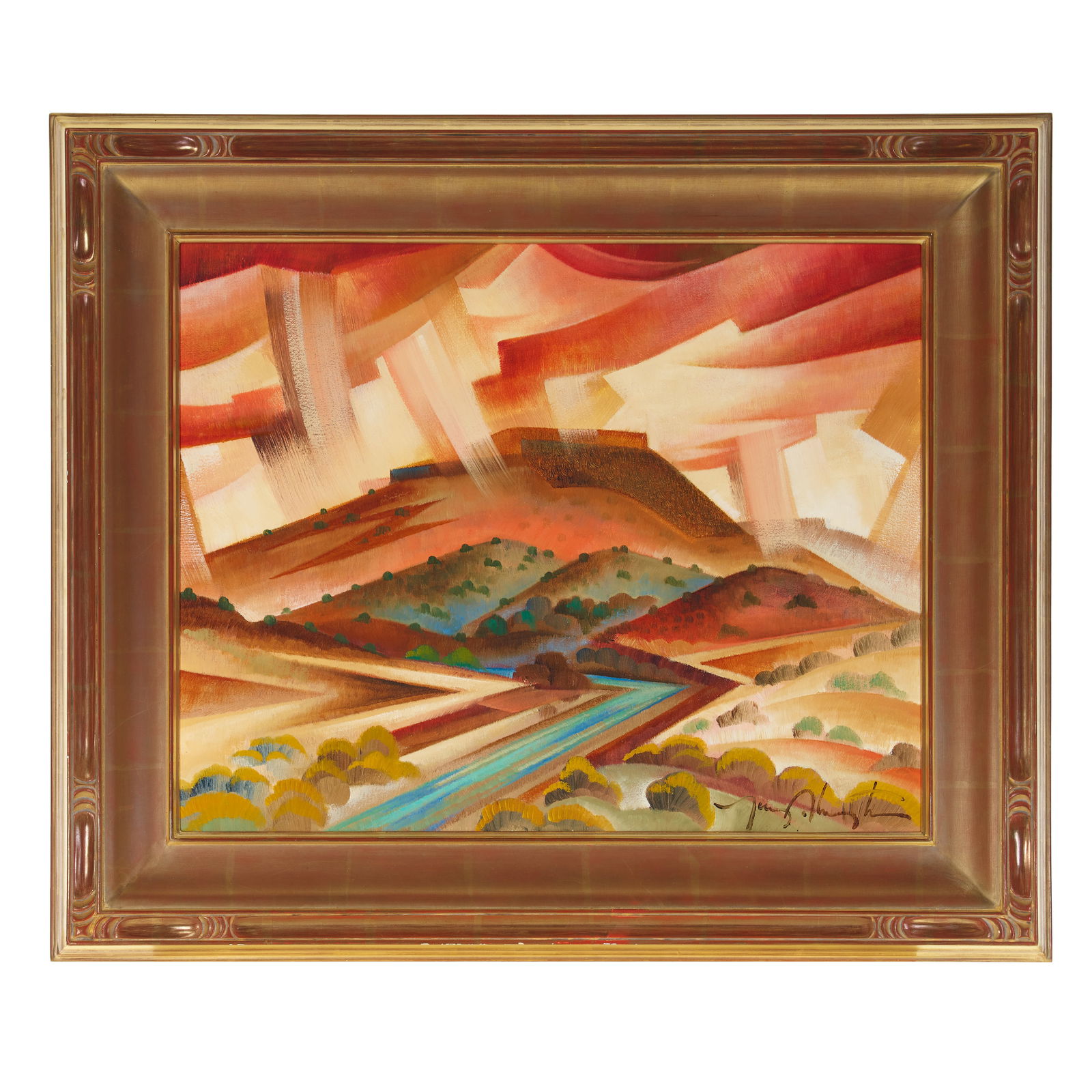 A Tony Abeyta painting, 'The Golden Canyon': Tony Abeyta Diné (Navajo), (b. 1965), 'The Golden Canyon,' 2009, oil on canvas, signed lower right, titled and dated verso. height 21in, width 25in