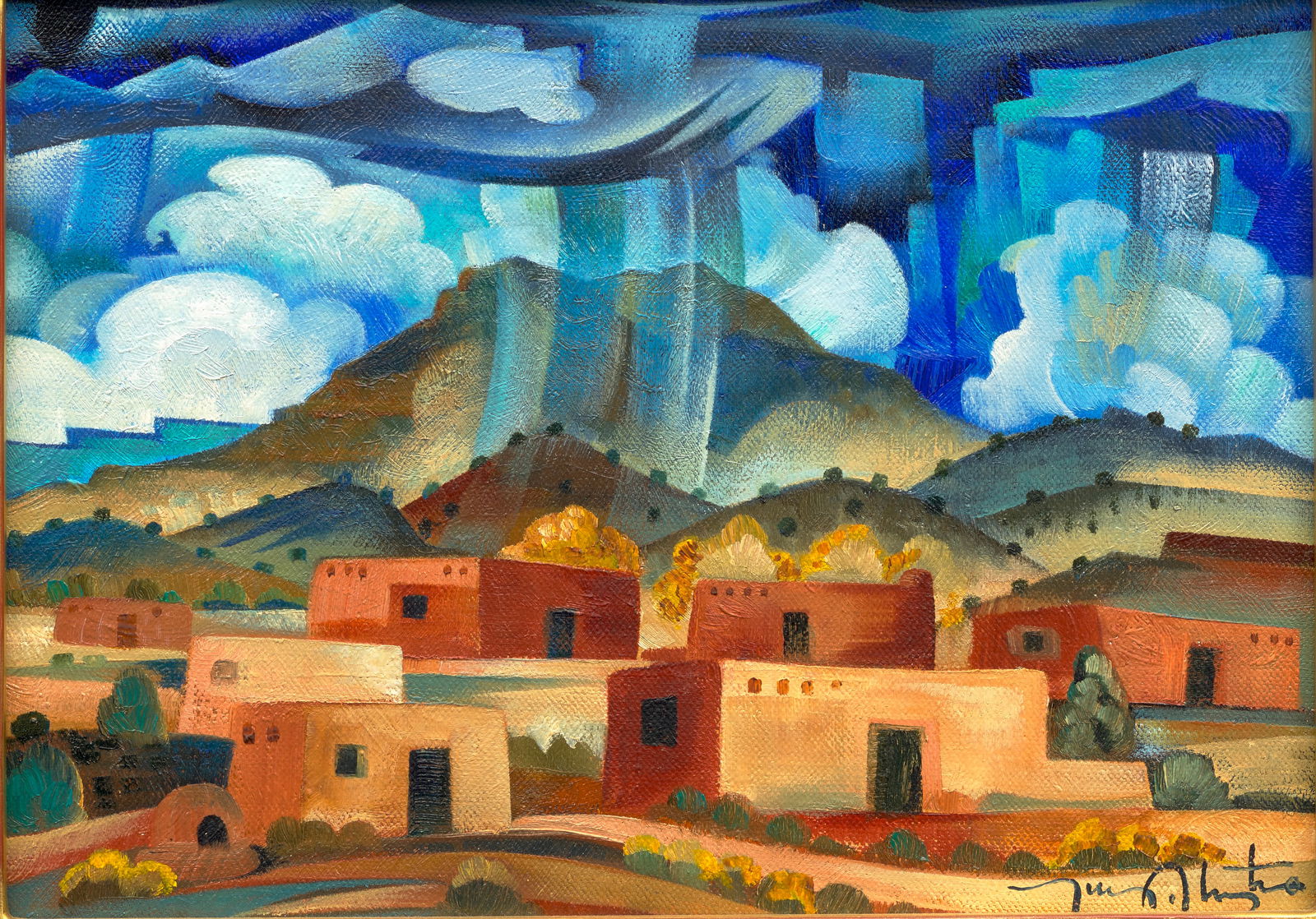 A Tony Abeyta painting: Tony Abeyta Diné (Navajo), (b. 1965), untitled (pueblo scene with rain showers), oil on canvas board, signed lower right. height 10 1/2in, width 14 1/2in Footnotes: Provenance Property of a Disti