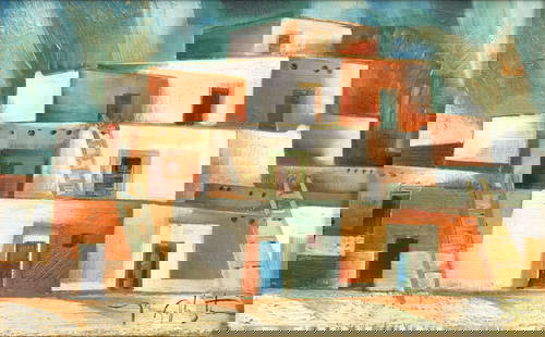 A Tony Abeyta painting, 'Modernist Pueblo': Tony Abeyta Diné (Navajo), (b. 1965), 'Modernist Pueblo,' oil on canvas, signed lower right, titled and signed again verso. height 10in, width 16in Footnotes: Provenance Property of a Distinguish