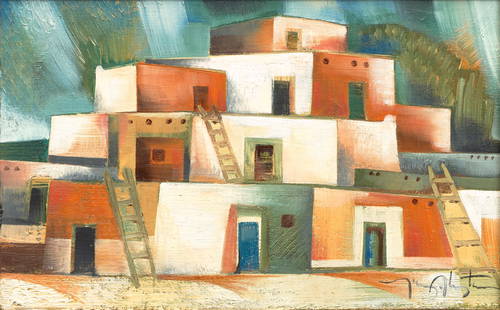 A Tony Abeyta painting, 'Modernist Pueblo': Tony Abeyta Diné (Navajo), (b. 1965), 'Modernist Pueblo,' oil on canvas, signed lower right, titled and signed again verso. height 10in, width 16in Footnotes: Provenance Property of a Distinguish