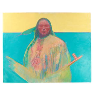 A Ben Wright painting, 'Visions of Yellow Robe,' 1988: Ben Wright Cherokee, (20th/21st century), 'Visions of Yellow Robe,' 1988, acrylic on canvas, signed along the lower right edge, signed, dated, and inscribed verso: 'People of the Shield / With - 'Hans