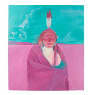 A Ben Wright painting, 'Waiting for the Sun': Ben Wright Cherokee, (20th/21st century), 'Waiting for the Sun,' 1988, acrylic on canvas, signed and dated lower right, titled, dated, signed again and inscribed verso: ''With a large bird above me /