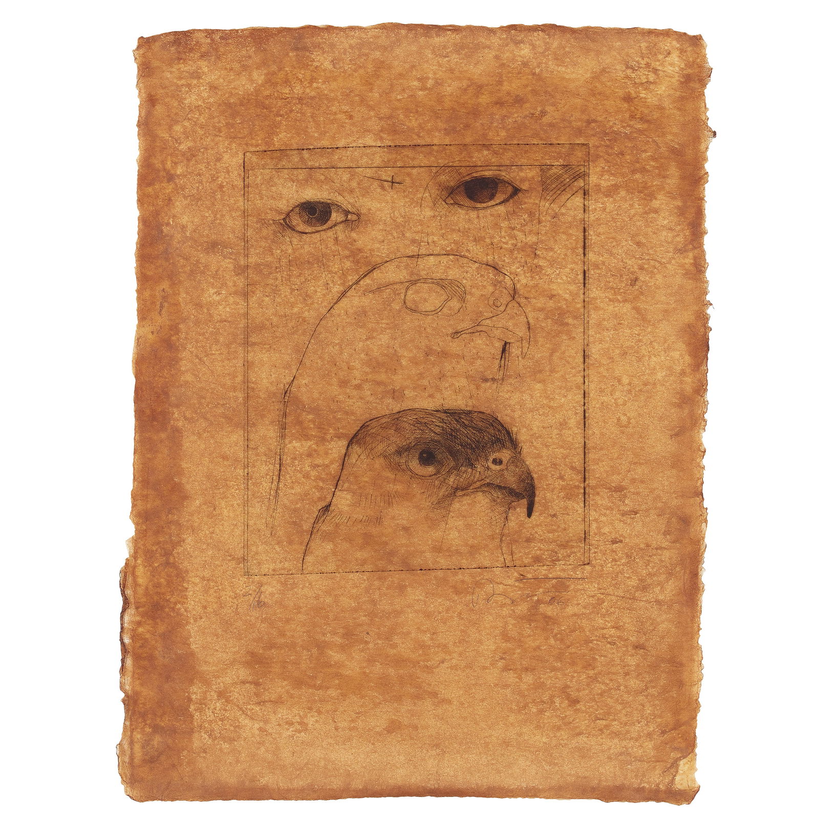 A Rick Bartow etching, 'Three Views of Hawk' (1 of 5)