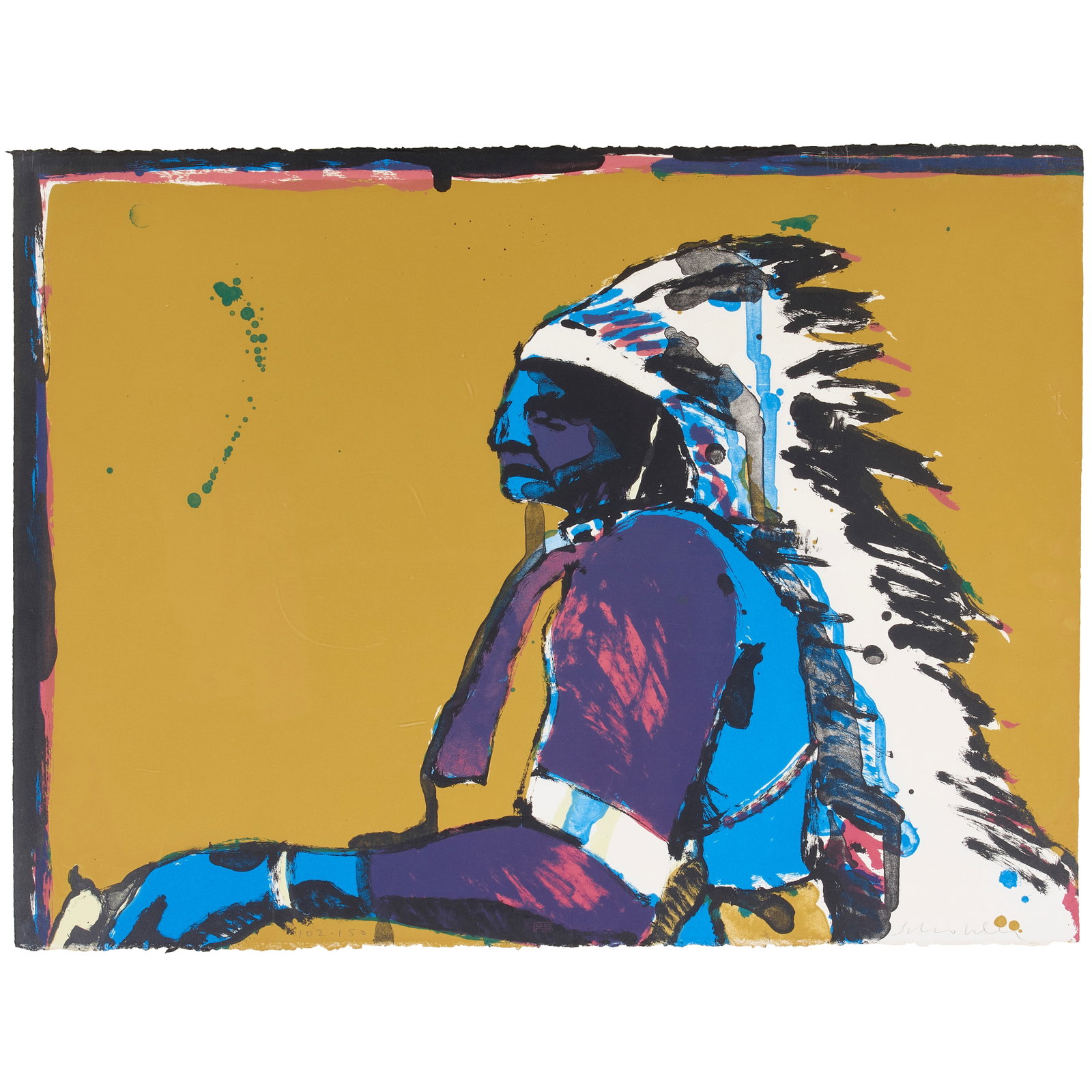 A Fritz Scholder lithograph, 'Indian with Pistol,' 1978: Fritz Scholder Luiseño, (1937-2005), 'Indian with Pistol,' 1978, lithograph on paper under Plexiglas, edition 102 of 150, signed lower right, numbered lower left, and blind stamped along the lowe