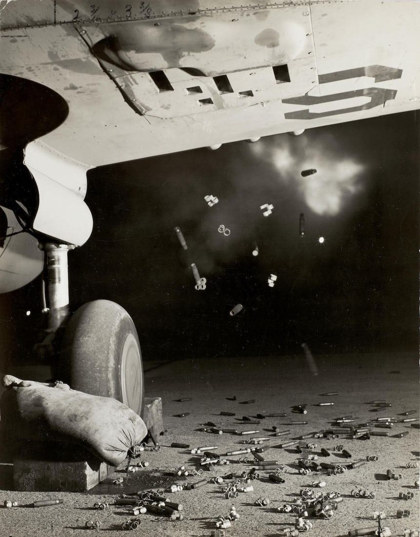 Gjon Mili (1904-1984); 'U.S. Army Firepower of Planes';: Gjon Mili (1904-1984) 'U.S. Army Firepower of Planes', c. 1943 Ferrotyped gelatin silver print; signed in pencil, a Time Inc. copyright credit stamp, a 'May 24 1943' hand stamp, and with numerous anno