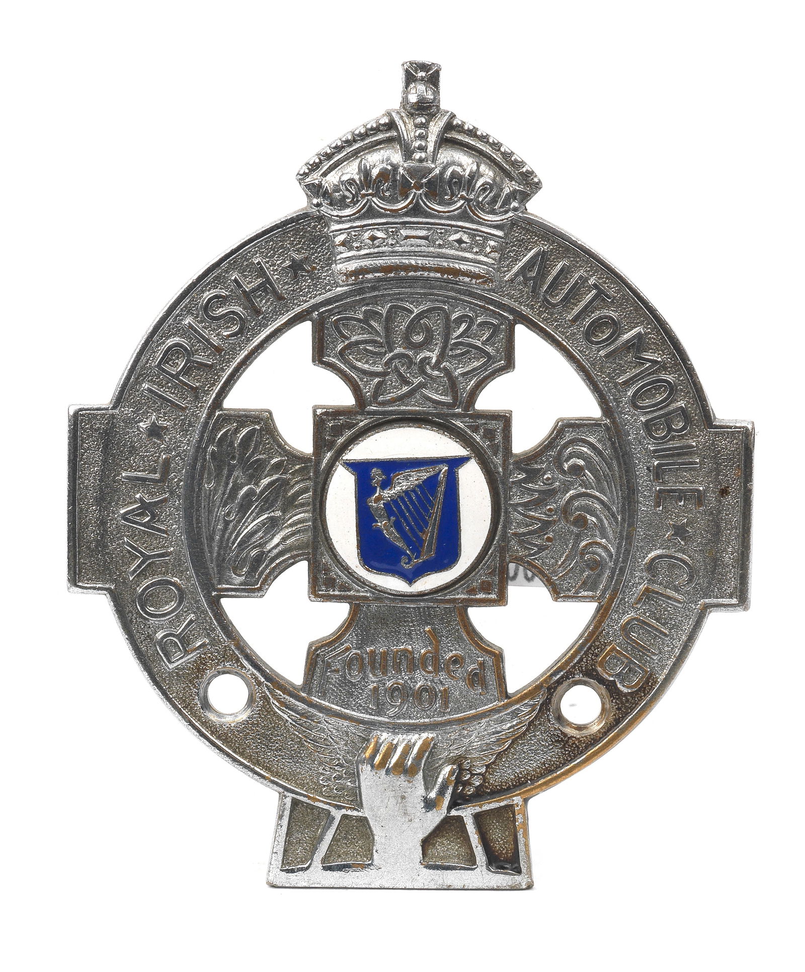 A Royal Irish Automobile Club member's badge,: A Royal Irish Automobile Club member's badge, Type 4 badge produced from the 1930s, numbered D1578 to reverse, chrome-plated brass, with blue and white enamel centre, some rubbing to plating and two m