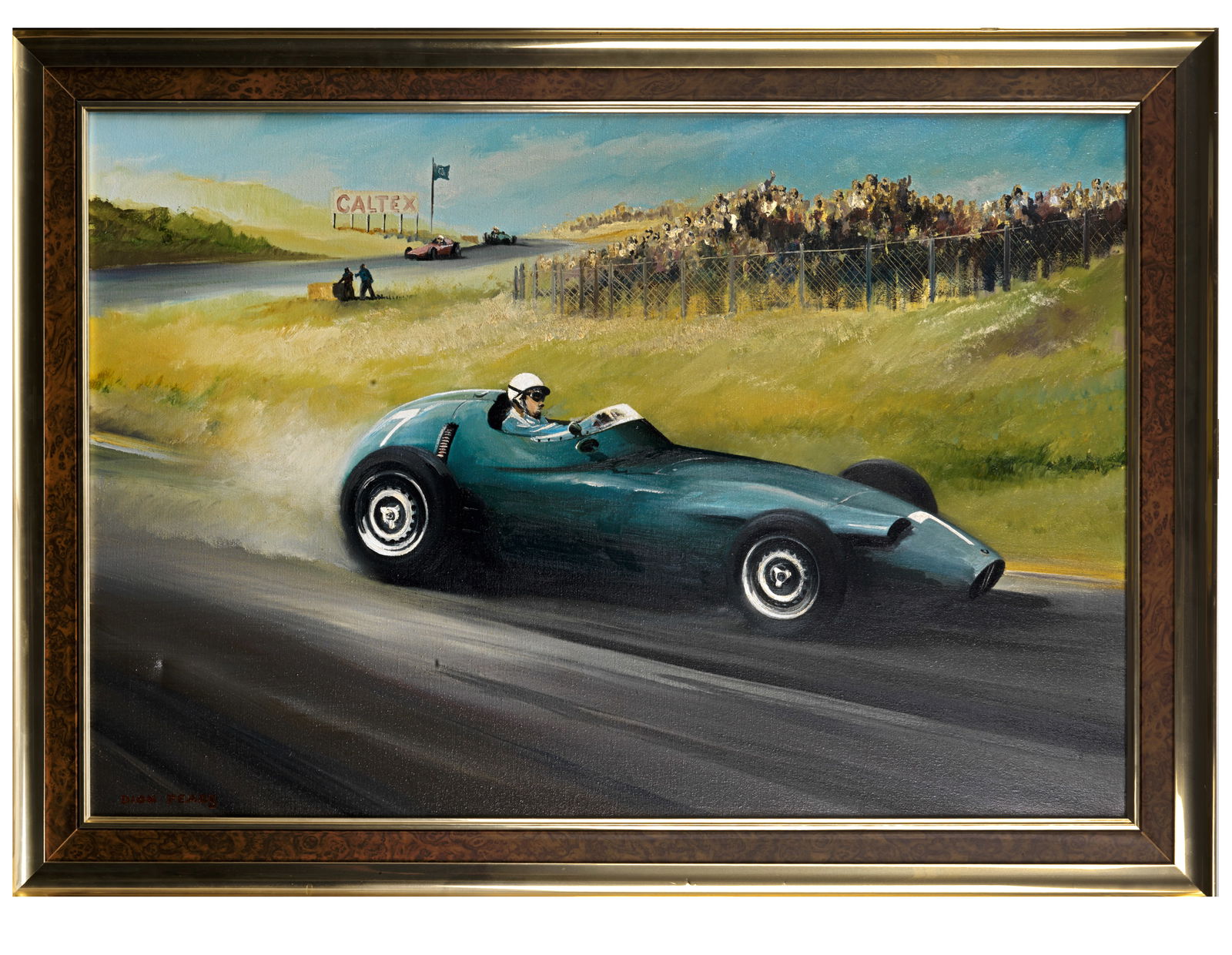 Dion Pears (British 1929-1985), 'BRM's First Victory - 1959 Dutch Grand Prix',: Dion Pears (British 1929-1985), 'BRM's First Victory - 1959 Dutch Grand Prix', signed, oil on canvas, depicting Jo Bonnier in the BRM driving to victory, 60 x 90cm, framed. Lot to be sold without rese