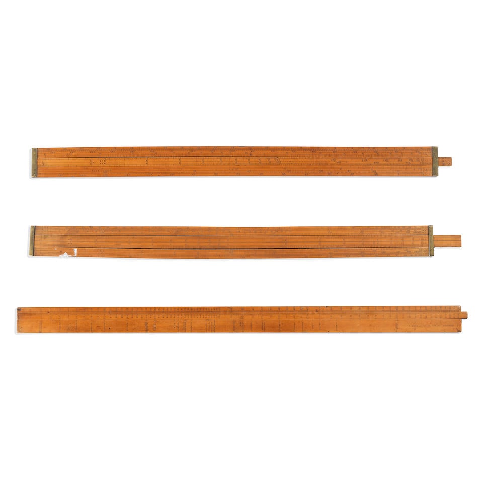 A John Newman Boxwood Chemical Equivalent Slide Rule, English, mid-19th century, (3): A John Newman Boxwood Chemical Equivalent Slide Rule, English, mid-19th century, stamped J NEWMAN LISLE STREET LONDON, with single slide and scale of elements, together with two other boxwood double s