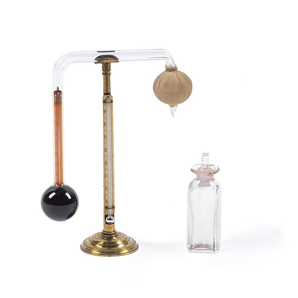 A Rare John Daniell Condensation Hygrometer, English, circa 1825,: A Rare John Daniell Condensation Hygrometer, English, circa 1825, trade label printed JOHN NEWMAN Manufacturer of CHEMICAL & PHILOSOPHICAL Instruments 122 Regent Street near the Quadrant, LONDON, the