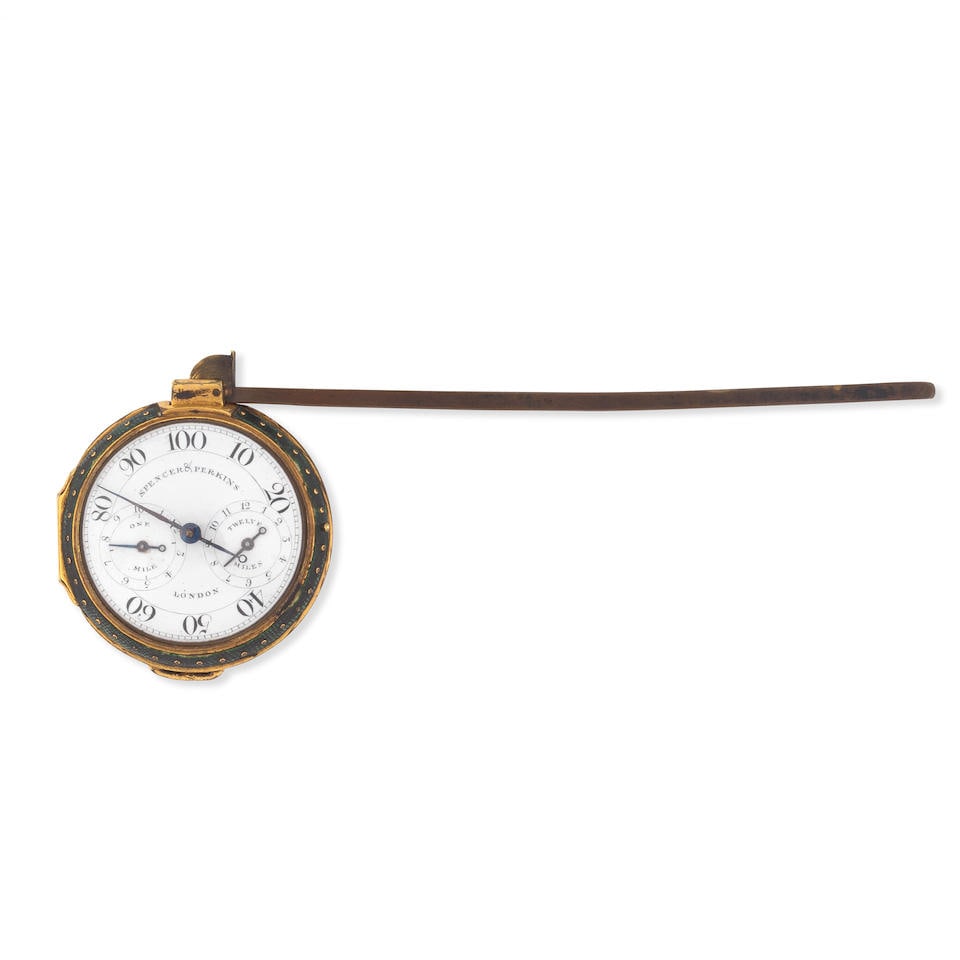 A Spencer & Perkins Pedometer, English, late 18th century,: A Spencer & Perkins Pedometer, English, late 18th century, signed Spencer & Perkins London, white enamel dial with two subsidiary dials measuring in one mile and twelve miles, 2in (5cm) diameter Footn