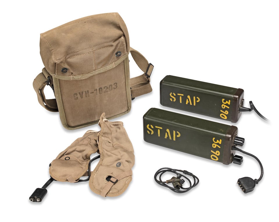 A RBZ Portable Miniature Receiver, American, circa 1943,: A RBZ Portable Miniature Receiver, American, circa 1943, 2-5.8MHz model, plus battery box, each stencilled STAP 3690, with leads, together in canvas satchel with carrying strap, receiver 9in x 3in x 2