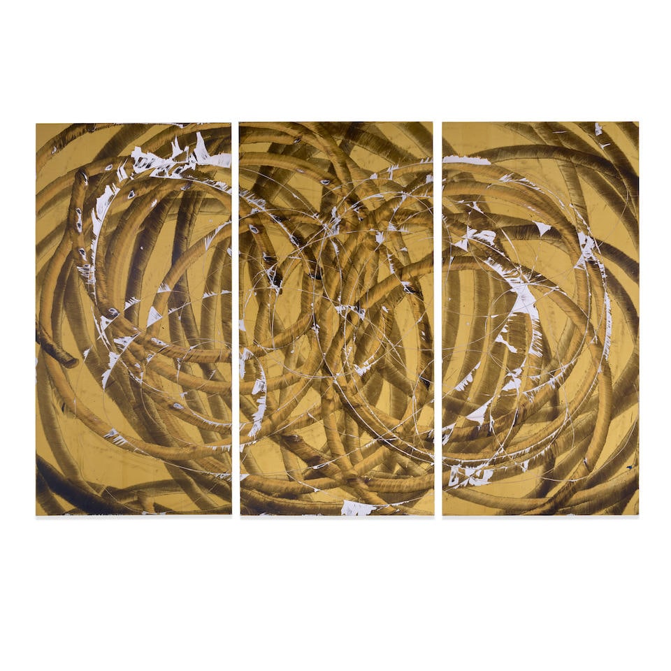 AARON YOUNG (B. 1972) Untitled, circa 2010: AARON YOUNG (B. 1972) Untitled, circa 2010 each numbered ''#1'; '#2'; '#3'' (on the reverse) acrylic and burnt rubber on aluminum, in three parts each panel: 96 x 48 in. (244 x 122 cm.) overall: 96 x