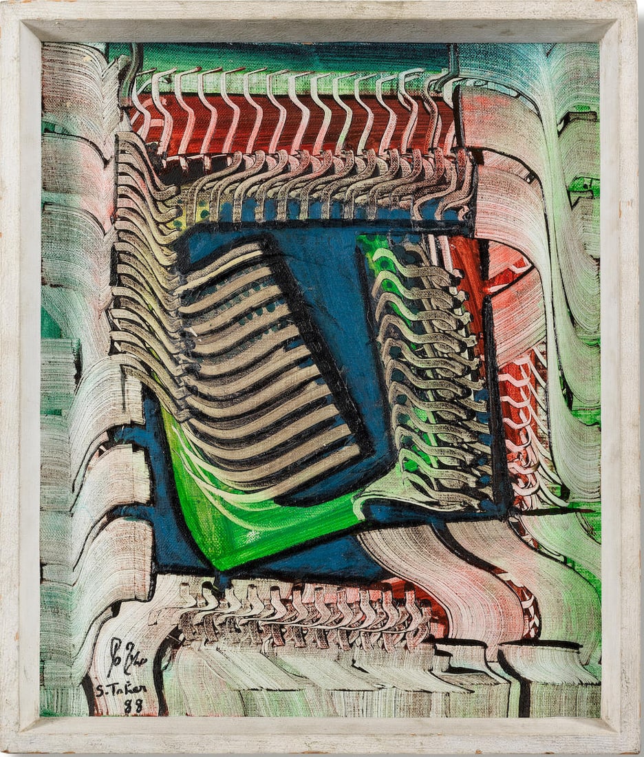 Salah Taher (Egypt, 1911-2007) Colourful Abstraction: Salah Taher (Egypt, 1911-2007) Colourful Abstraction oil on panel, framed signed 'S. Taher' in Arabic and English and dated '88' (lower left), executed in 1988 45 x 37cm (17 11/16 x 14 9/16in). Footno