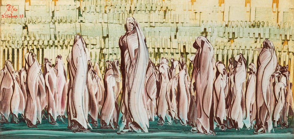 Salah Taher (Egypt, 1911-2007) Village Gathering: Salah Taher (Egypt, 1911-2007) Village Gathering oil on panel, framed signed 'S.Taher' in Arabic and English and dated '83' (upper left), executed in 1983 25 x 50cm (9 13/16 x 19 11/16in). Footnotes: