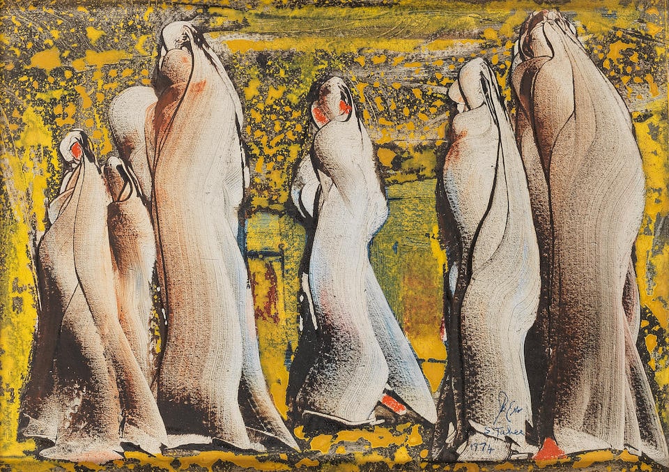 Salah Taher (Egypt, 1911-2007) Village Women: Salah Taher (Egypt, 1911-2007) Village Women oil on panel, framed signed 'S.Taher' and dated '1974' (lower right), executed in 1974 23 x 33cm (9 1/16 x 13in). Footnotes: Provenance: Property from the